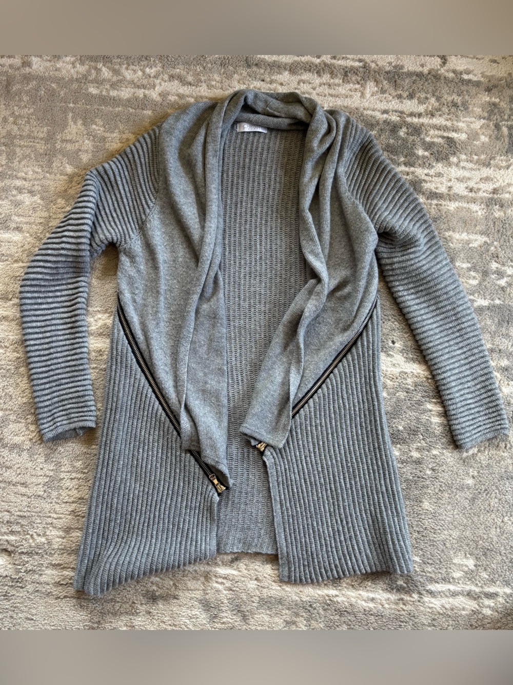 Christin Michaels Gray Ribbed Open-Front Cardigan with Zip Trim
